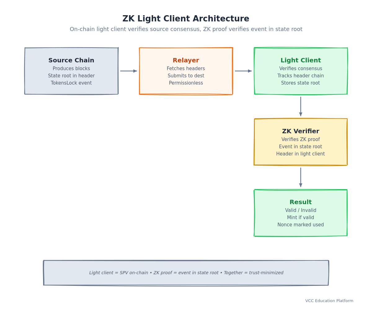 Light client architecture: Source chain → Relayer → Block headers → Light client (verify consensus) → State root → Merkle proof → ZK proof verifies event in state root
