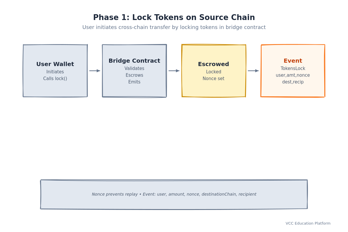 Lock phase: User wallet → Bridge Contract (Lock) → Tokens escrowed → Event emitted with nonce
