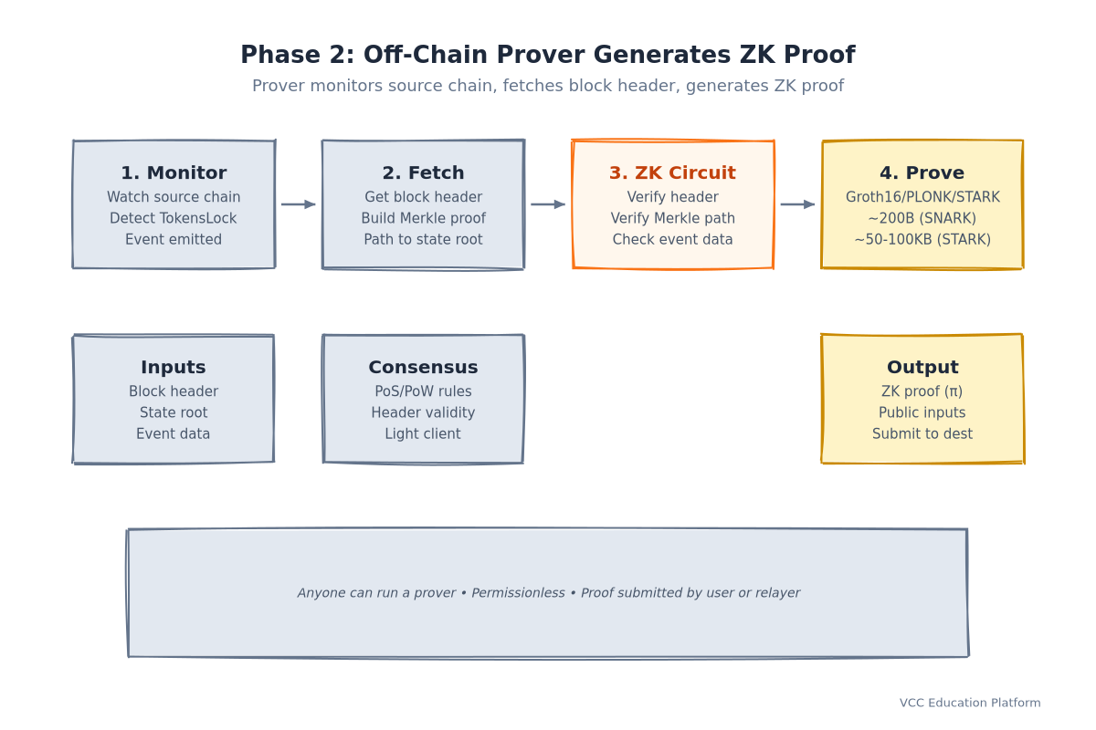 Prover workflow: Block header → Merkle proof → ZK circuit → ZK proof (π)