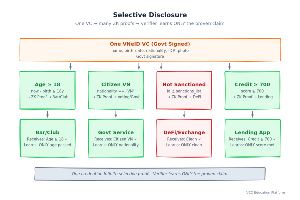 Selective disclosure: One VC → four ZK proofs → four verifiers each learn only their claim