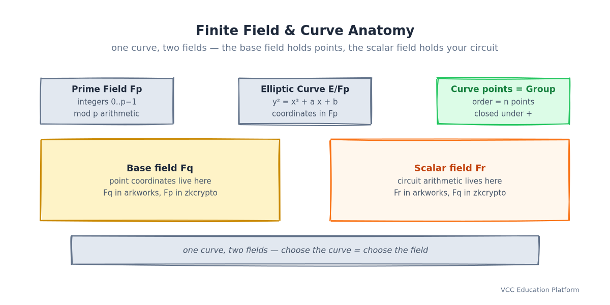 Finite field and elliptic curve anatomy: Prime Field Fp → Elliptic Curve E/Fp → Curve points Group, with Base field Fq and Scalar field Fr below