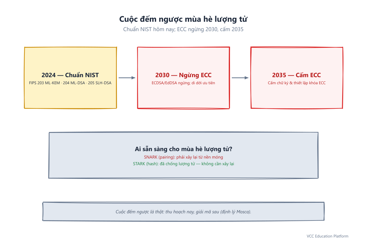 Mốc thời gian mùa hè lượng tử: 2024 chuẩn NIST, 2030 ngừng ECC, 2035 cấm ECC