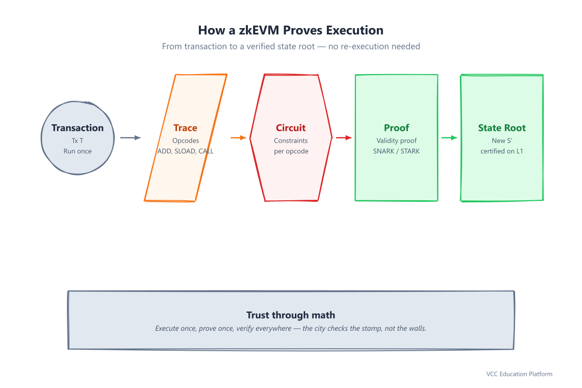 How a zkEVM proves execution: transaction to execution trace to constraint circuit to validity proof to a new state root certified on L1