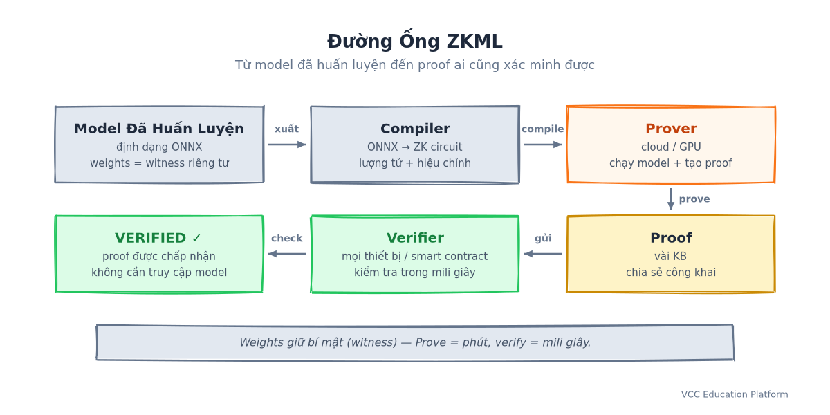 Pipeline ZKML: mô hình ONNX → compiler → prover → bằng chứng → verifier → VERIFIED, trọng số giữ kín suốt quá trình