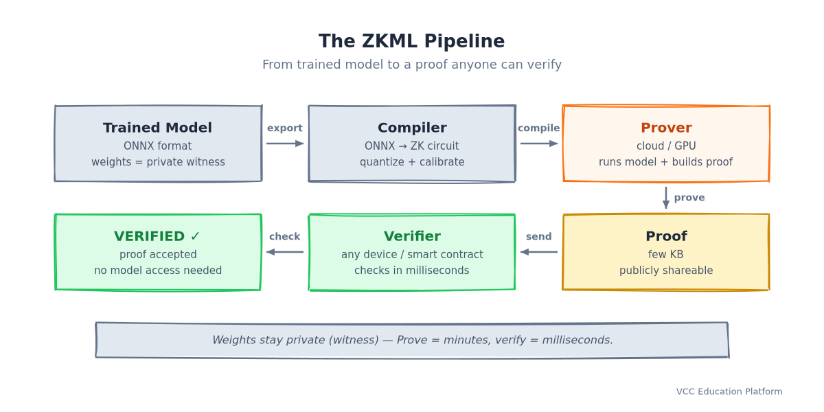 ZKML pipeline: ONNX model → compiler → prover → proof → verifier → VERIFIED, weights stay private
