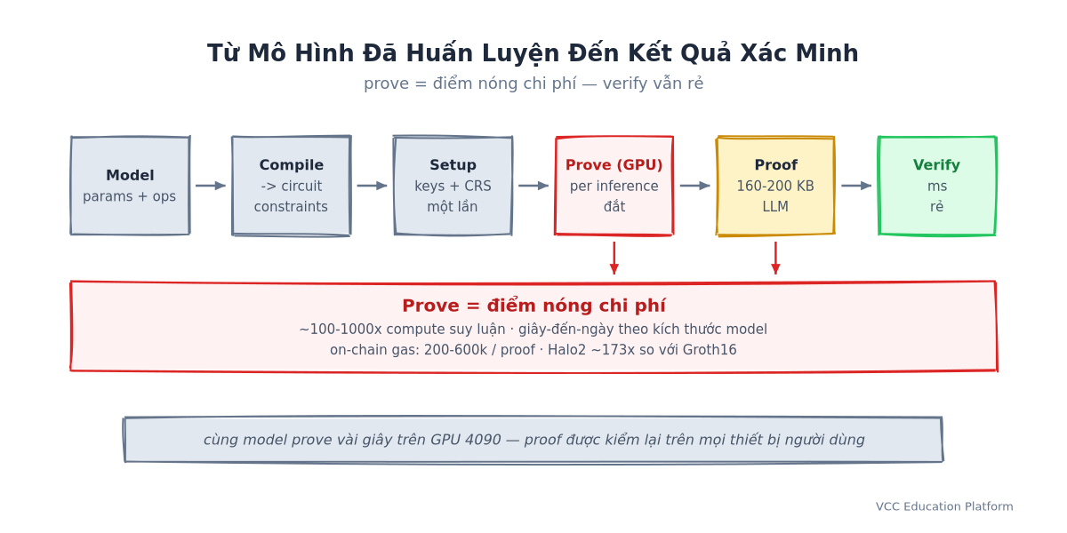 Pipeline ZKML: model → compile thành circuit → setup → prove (GPU) → proof (cỡ KB) → verify (ms), với giai đoạn prove được đánh dấu là điểm nóng chi phí