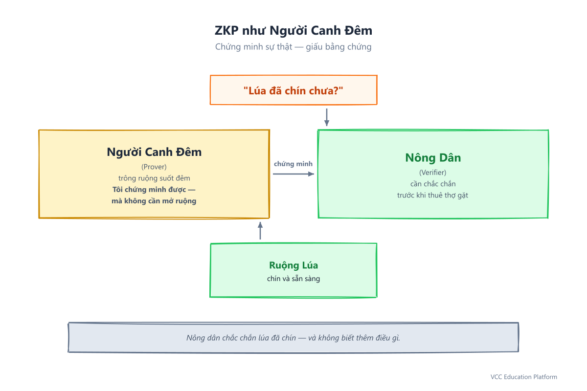 Tổng quan người canh đêm: người canh giữa cánh đồng lúa đêm cầm đèn lồng. Hai nhân vật: Người Canh Đêm (Prover, biết lúa chín sau khi canh suốt đêm) và Nông Dân (Verifier, cần chắc chắn trước khi thuê thợ gặt). Bong bóng câu hỏi: 