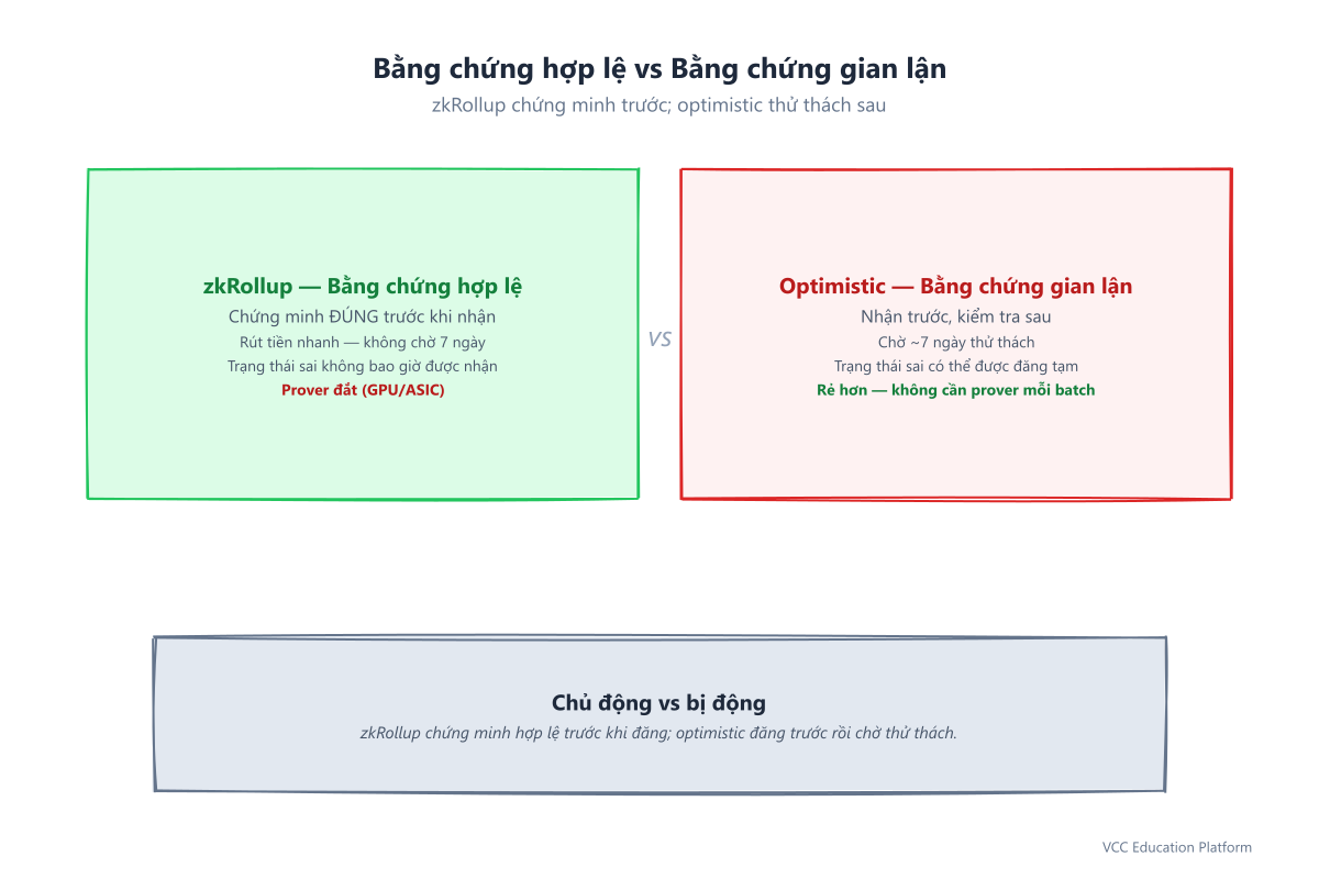 Bằng chứng hợp lệ vs bằng chứng gian lận: zkRollup chứng minh đúng trước khi chấp nhận (chủ động) còn optimistic rollup chấp nhận trước rồi chờ cửa sổ thử thách (bị động)