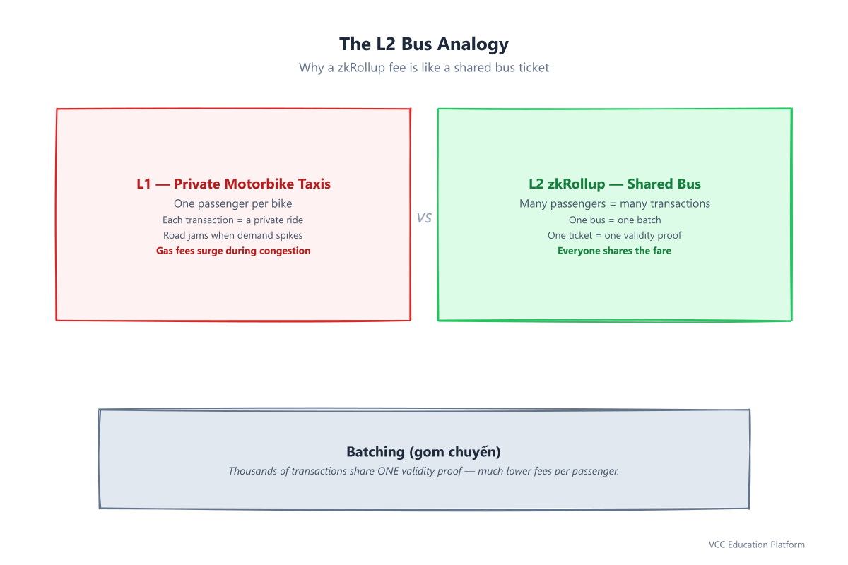 The L2 bus analogy: expensive private motorbike taxis (L1 transactions) vs a shared bus that batches many passengers into one cheap fare (zkRollup)