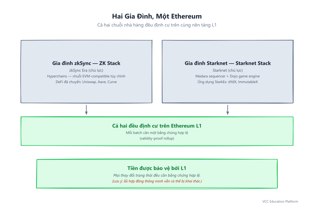 Hai gia đình, một Ethereum: gia đình zkSync (ZK Stack, zkSync Era, Hyperchains, DeFi được chuyển qua) và gia đình Starknet (Starknet Stack, Madara, Dojo, StarkEx) đều neo trên Ethereum L1 bằng các bằng chứng hợp lệ