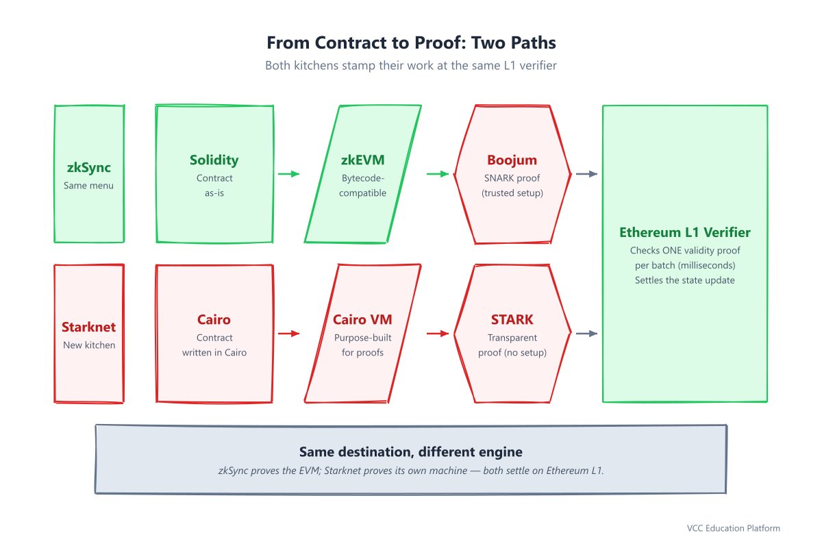 From contract to proof: two paths — Solidity to zkEVM bytecode to a Boojum SNARK proof, or Cairo to the Cairo VM to a transparent STARK proof, both verified by the Ethereum L1 verifier