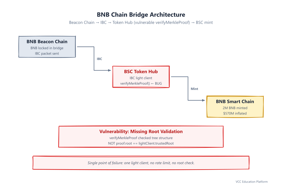 Diagram - BNB Chain dual-chain architecture: Beacon Chain lock → IBC packet → BSC Token Hub light client → verifyMerkleProof → mint on BSC