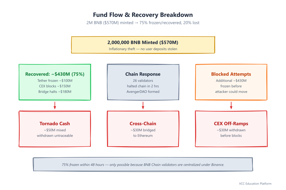 Chart - BNB Chain hack fund flow: 2M BNB minted ($570M) → recovery breakdown (~$430M frozen/recovered: Tether, CEX, bridges) + attacker retained (~$110M: Tornado Cash, cross-chain, CEX) + unaccounted