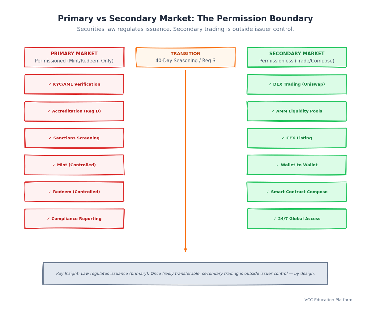 iagram - Primary vs Secondary Market Permissions: Left side (Primary) 