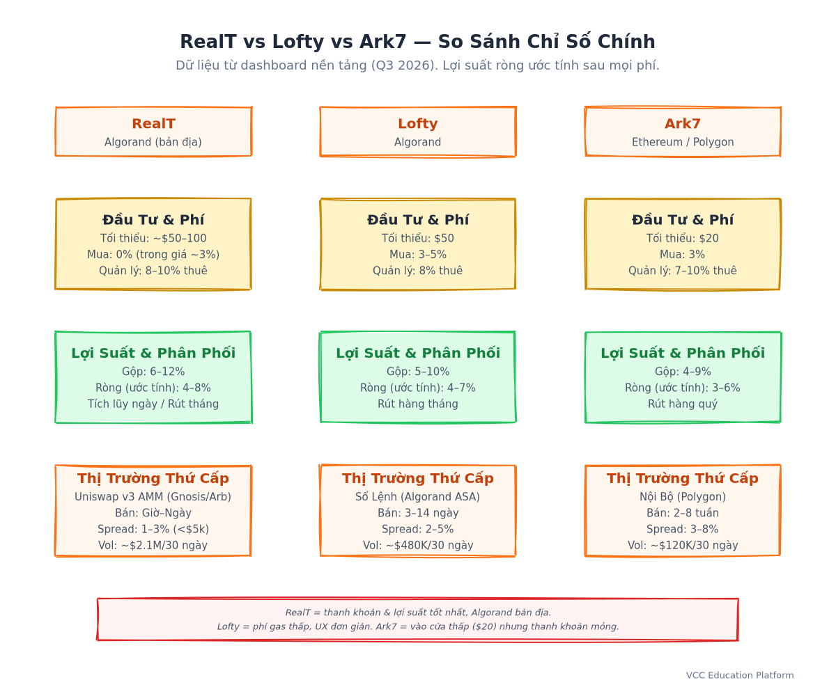 Comparison Table - RealT vs Lofty vs Ark7: Chain, Fees, Yield, Liquidity, KYC, VN Access