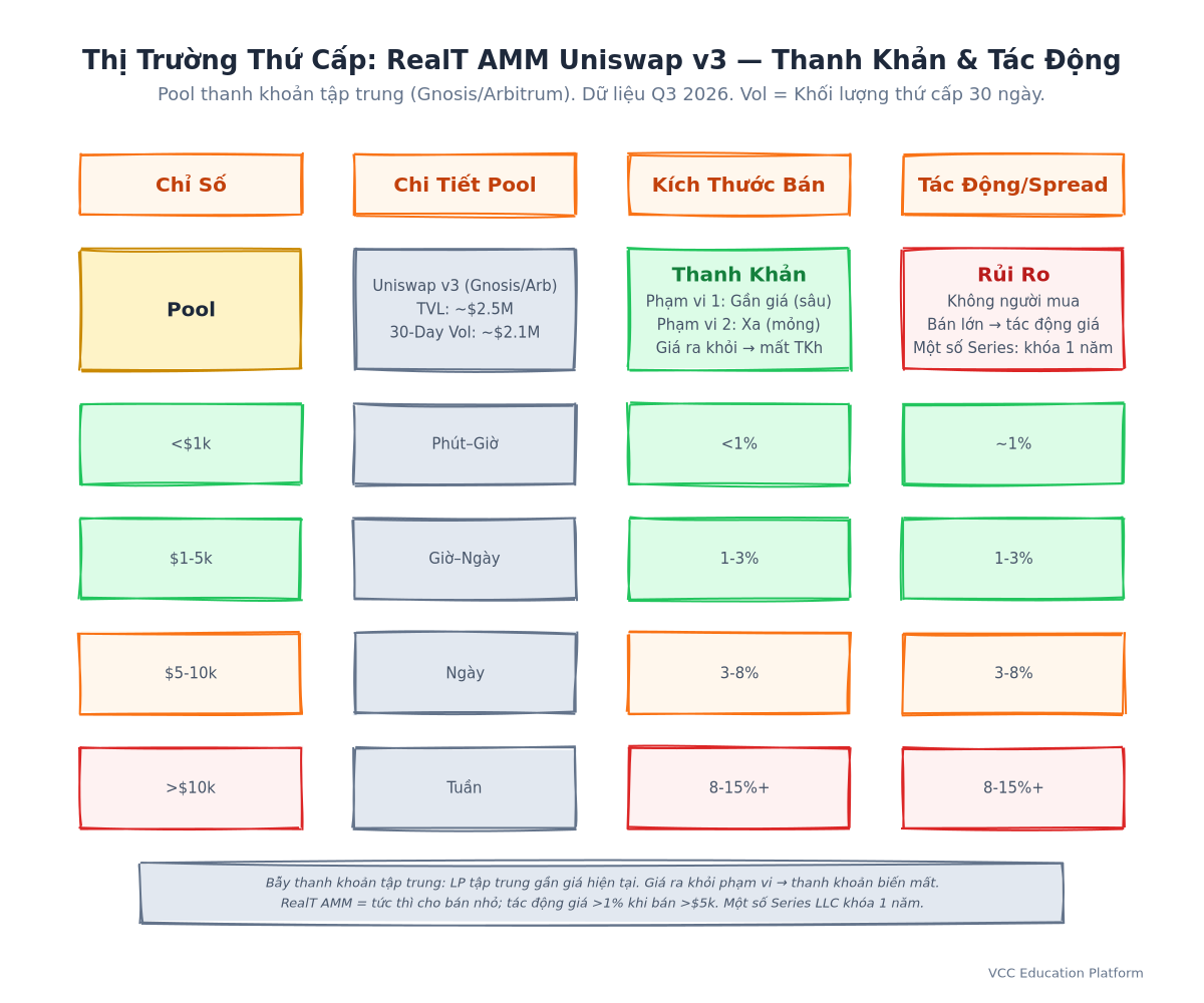 Secondary Market - RealT AMM: Uniswap v3 Pools, Price Impact Curves, Typical Sell Sizes