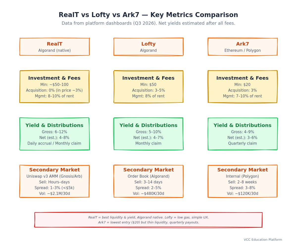 Comparison Table - RealT vs Lofty vs Ark7: Chain, Fees, Yield, Liquidity, KYC, VN Access