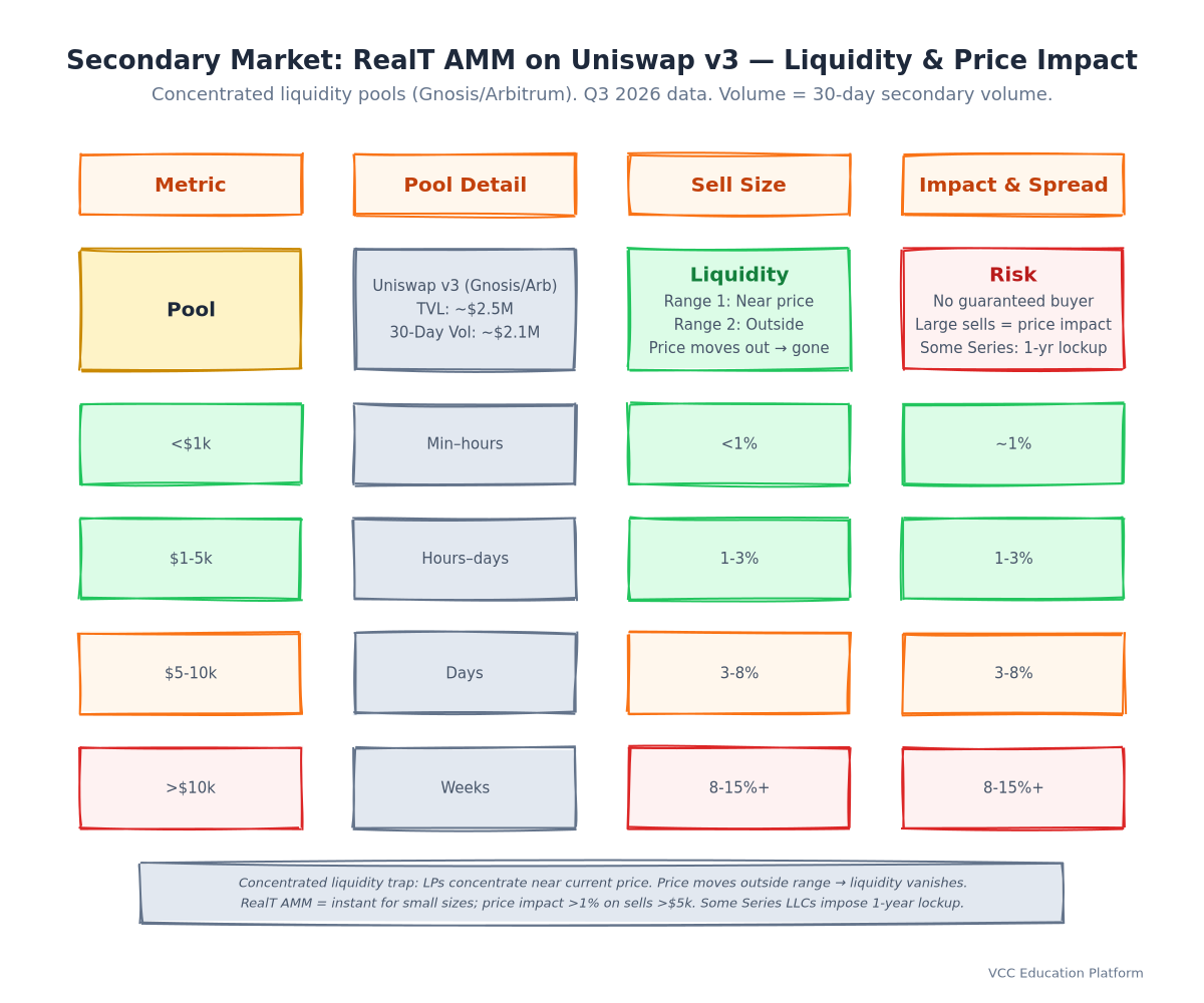 Secondary Market - RealT AMM: Uniswap v3 Pools, Price Impact Curves, Typical Sell Sizes