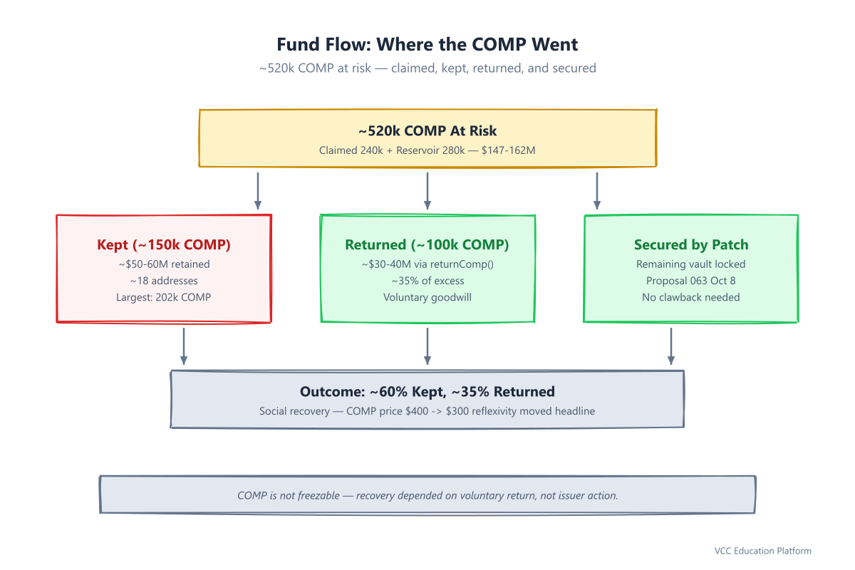 Diagram - Fund flow: Reservoir 280k COMP and claimed 240k COMP split into kept, returned, and secured buckets, with COMP price reflexivity noted