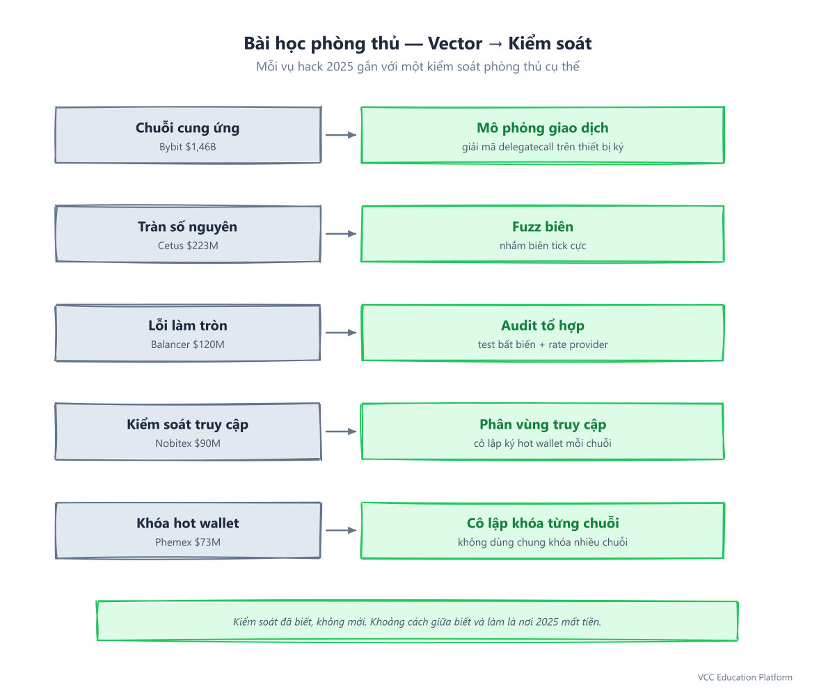 Diagram - Defense lessons: each attack vector paired with the defensive control that prevents it