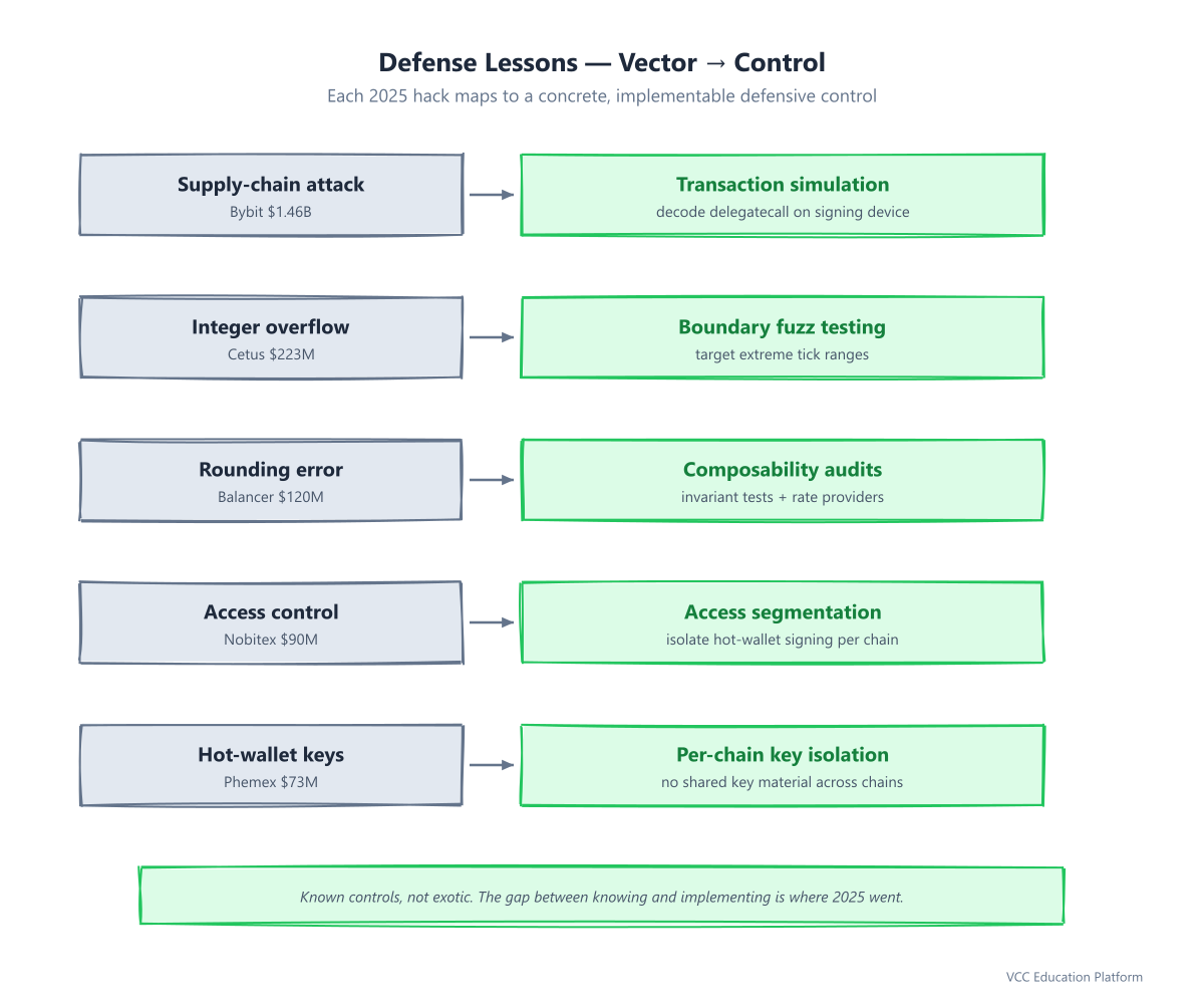 Diagram - Defense lessons: each attack vector paired with the defensive control that prevents it