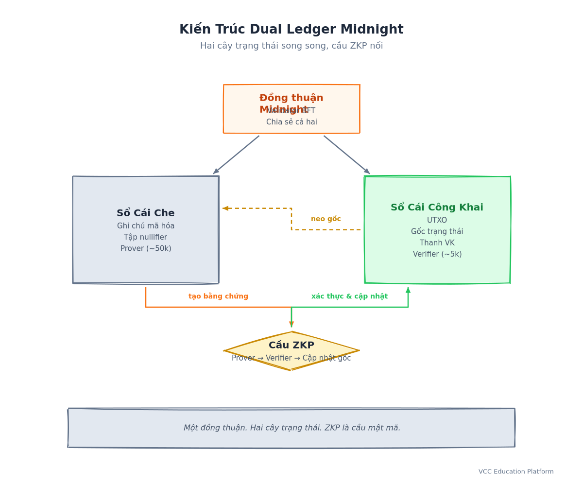 Kiến trúc dual ledger: hai chuỗi song song với cầu ZKP, shielded bên trái (biểu tượng khóa), unshielded bên phải (biểu tượng trái đất), mũi tên xác minh ZKP giữa chúng