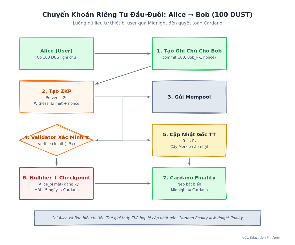 Sơ đồ quy trình chuyển giao riêng tư đầu-đuôi: Alice → Ghi chú + ZKP → Sổ Cái Che → Xác Minh ZKP → Sổ Cái Unshielded → Gốc Trạng Thái → Lớp Quy Toán Cardano