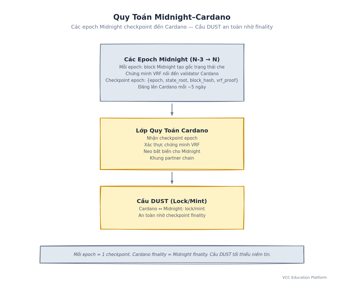 Quy toán Midnight-Cardano: các epoch Midnight → Checkpoint gốc trạng thái → Giao dịch Cardano → Cuối cùng → Cầu DUST
