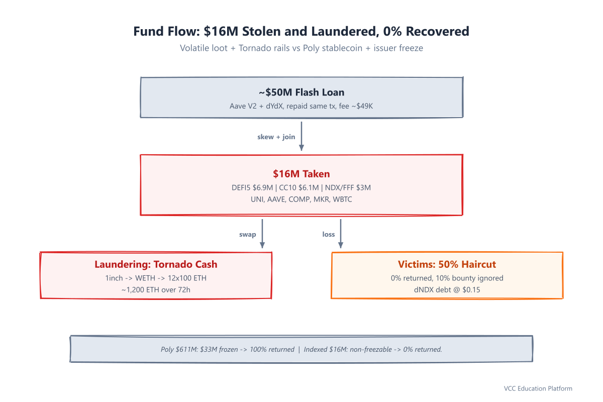 Diagram - Indexed Finance fund flow: ~$50M flash loan → balance skew → inflated LP mint → exit at true price → $16M profit → Tornado laundering