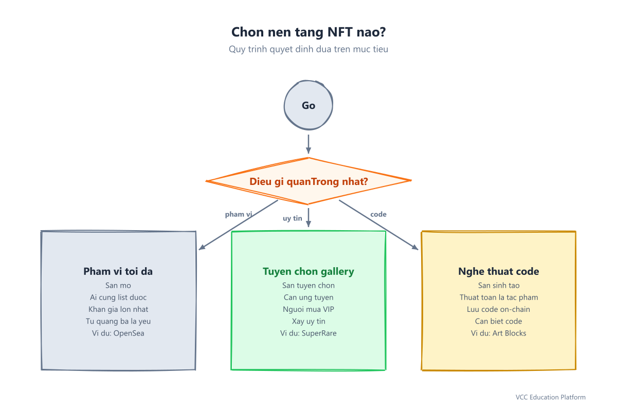 Flowchart - Artist decision flow: open marketplace vs curated platform vs generative platform vs creator tools based on artist goals
