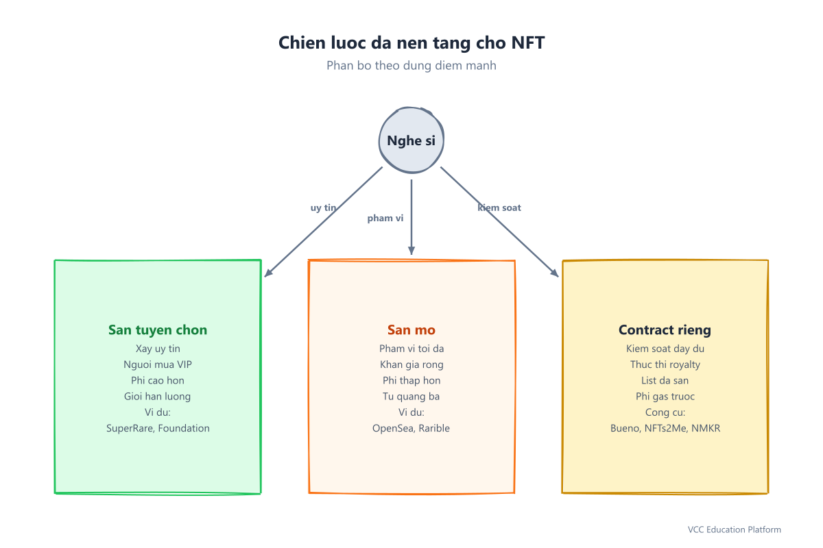 Diagram - Multi-platform strategy showing artist in the center with arrows to curated platform (reputation), open marketplace (reach), and owned contract (revenue retention)