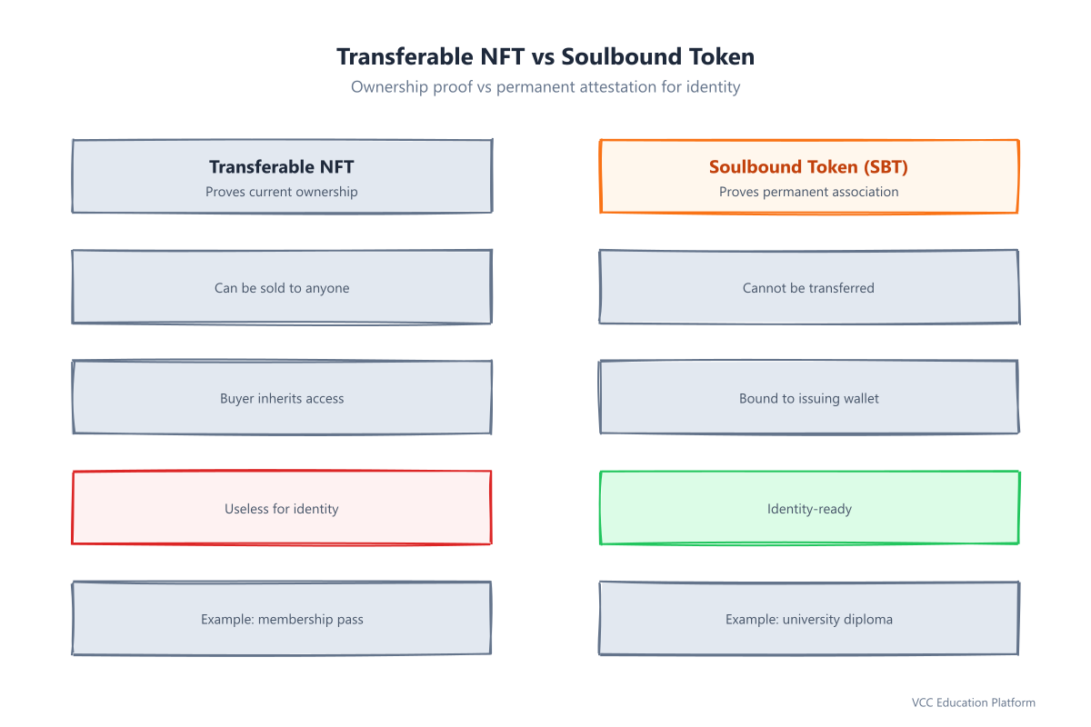 Transferable NFT vs soulbound token for identity: ownership proof vs permanent attestation