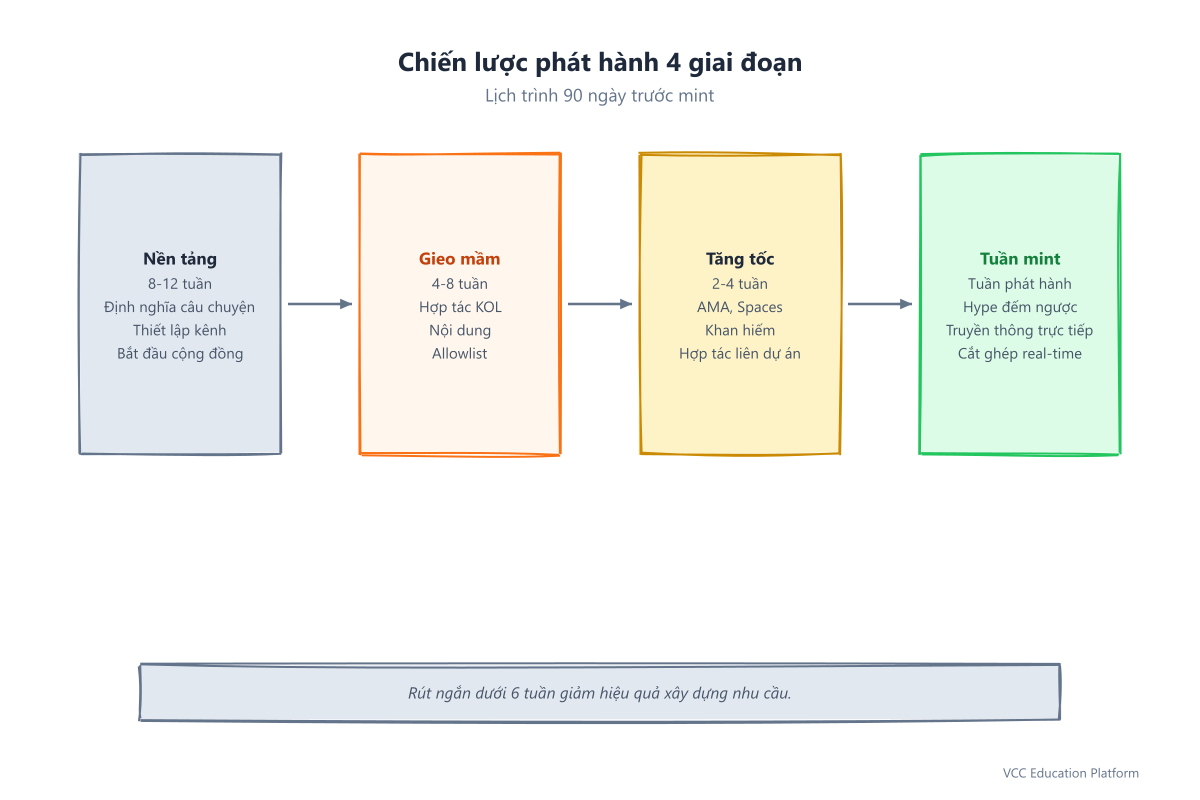 Timeline - Four-phase NFT launch strategy: Foundation (8-12 weeks), Seeding (4-8 weeks), Acceleration (2-4 weeks), Mint Week with key activities per phase