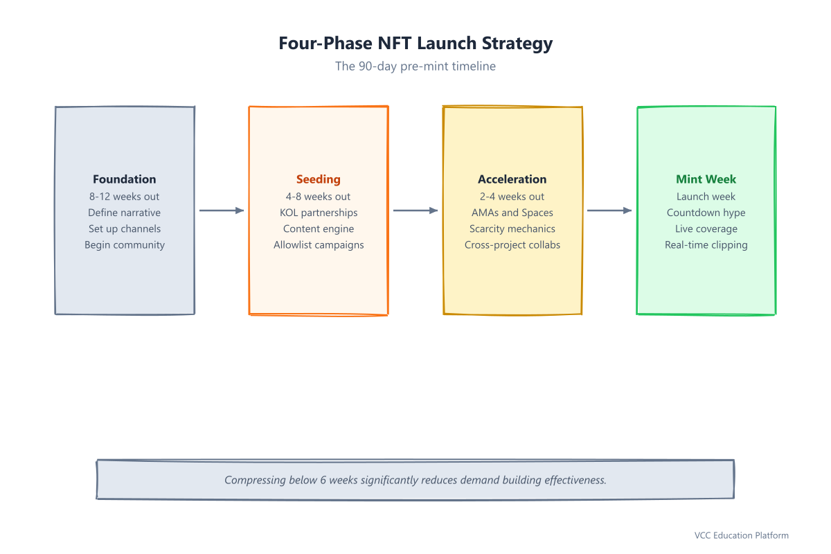 Timeline - Four-phase NFT launch strategy: Foundation (8-12 weeks), Seeding (4-8 weeks), Acceleration (2-4 weeks), Mint Week with key activities per phase