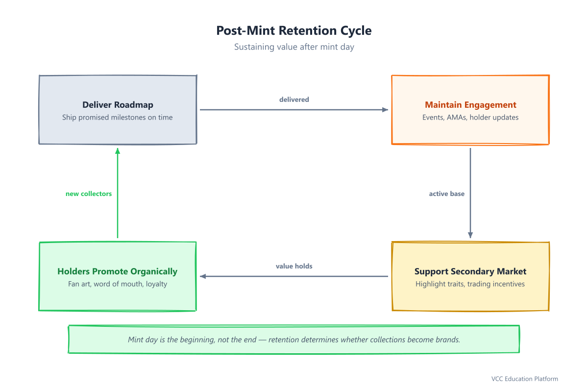 Flowchart - Post-mint retention cycle: Deliver roadmap milestones, maintain community engagement, support secondary market, holders promote organically, new collectors enter