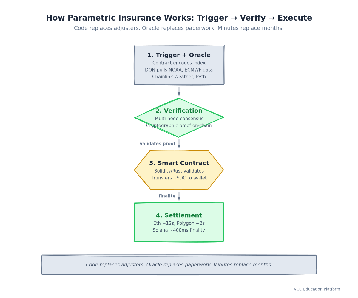 Parametric insurance trigger-verify-execute loop: trigger definition, oracle fetch, verification, smart contract execution, settlement
