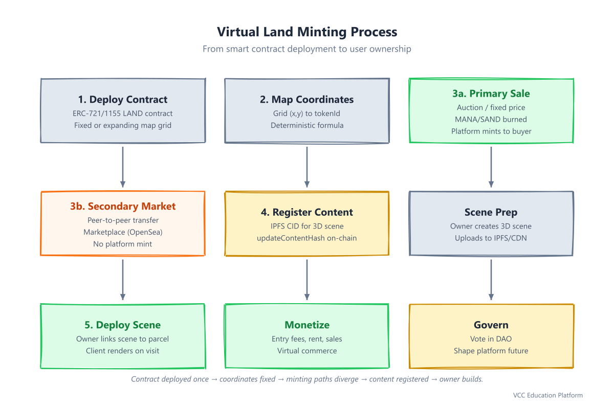 Virtual land minting process: contract deploy → coordinate mapping → primary/secondary sale → content registration → scene deployment