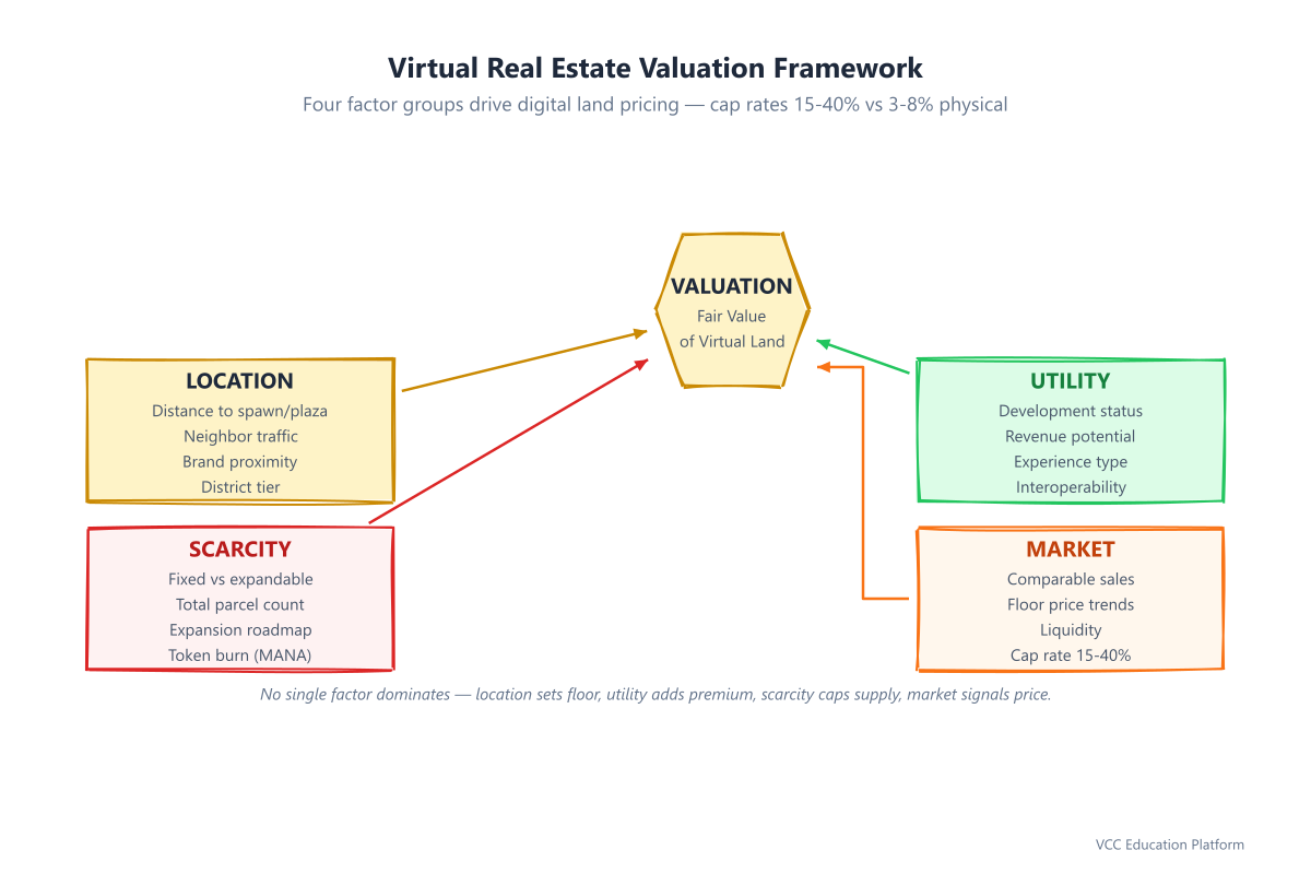 Virtual real estate valuation framework: four factor groups (Location, Utility, Scarcity, Market) driving fair value