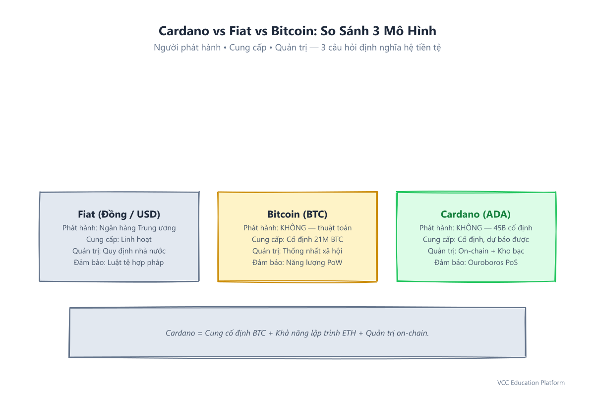 So sánh Cardano vs tiền pháp định vs Bitcoin: tiền pháp định có ngân hàng trung ương phát hành; Bitcoin không người phát hành & cung cố định; Cardano có kho bạc tài trợ phát triển + cung cố định