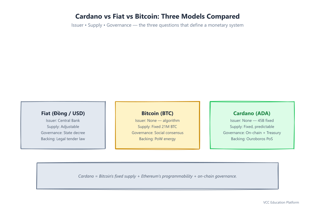 Comparison: fiat has central bank issuer; Bitcoin has no issuer & fixed supply; Cardano has treasury-funded development + fixed supply