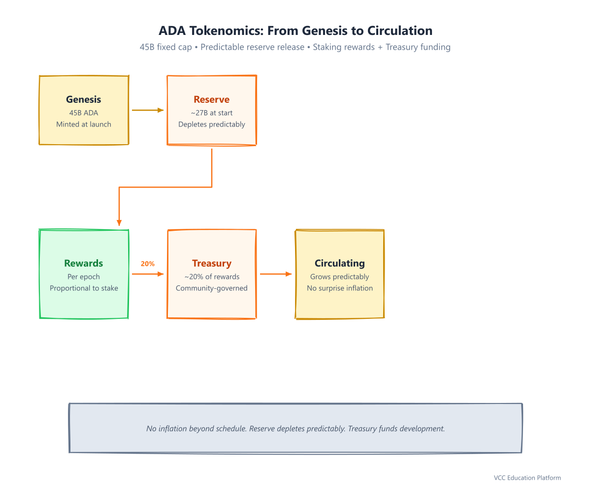 ADA tokenomics: genesis 45B -> reserve release -> staking rewards + treasury -> circulation