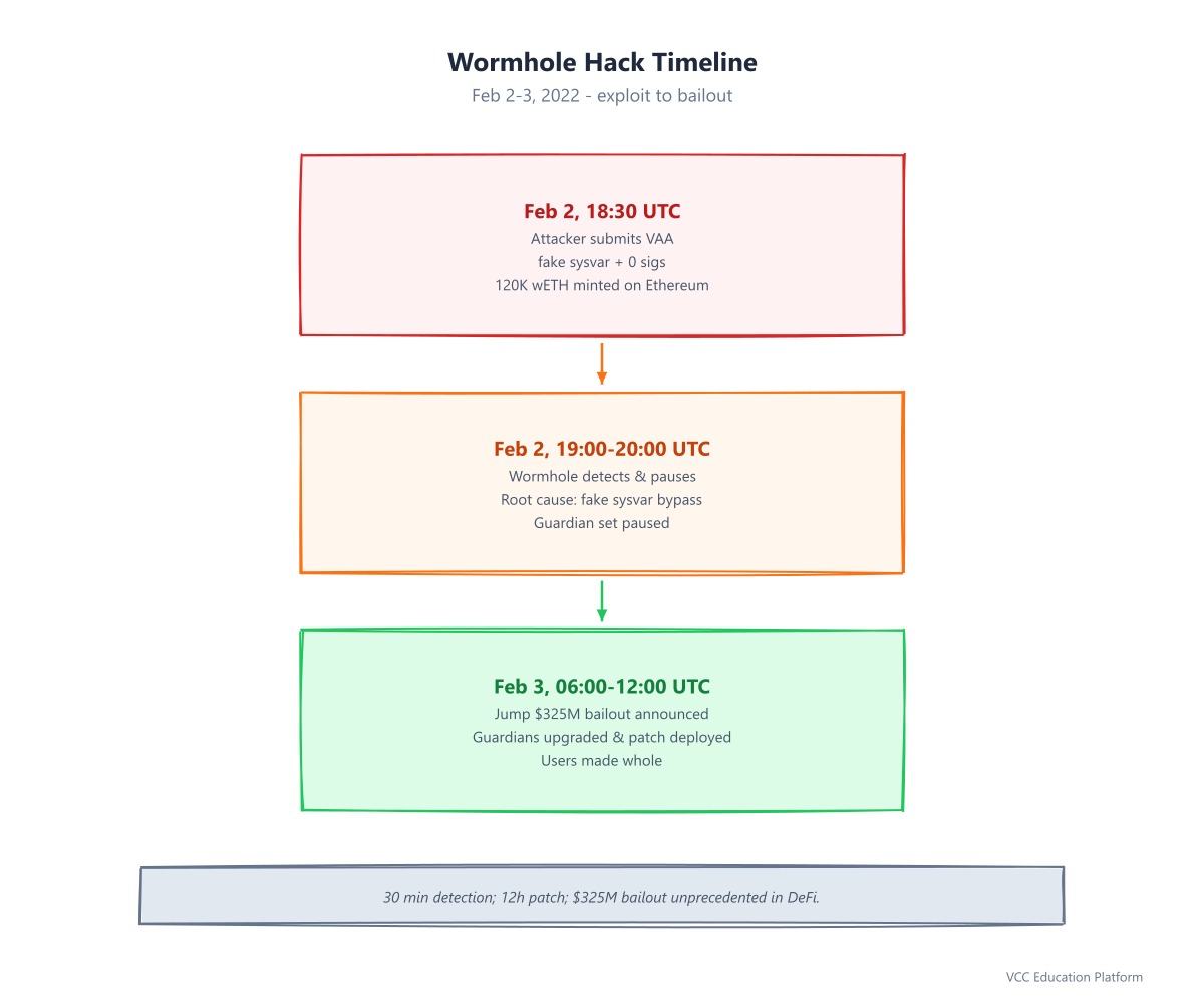 Diagram - Wormhole Hack Timeline: Feb 2-3 2022 exploit to bailout