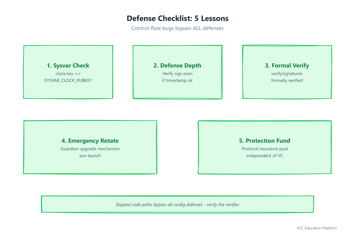 Diagram - Defense Checklist 5 Lessons: Sysvar check, defense depth, formal verify, emergency rotate, protection fund